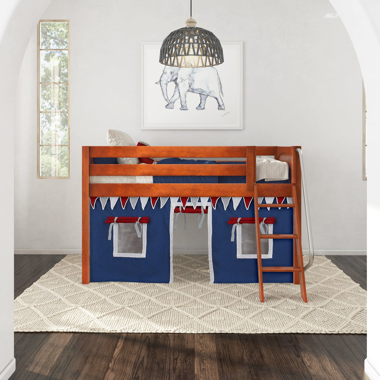 EASY RIDER44 CP : Play Loft Beds Twin Low Loft Bed with Angled Ladder + Curtain, Panel, Chestnut