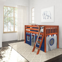 EASY RIDER44 CS : Play Loft Beds Twin Low Loft Bed with Angled Ladder + Curtain, Slat, Chestnut