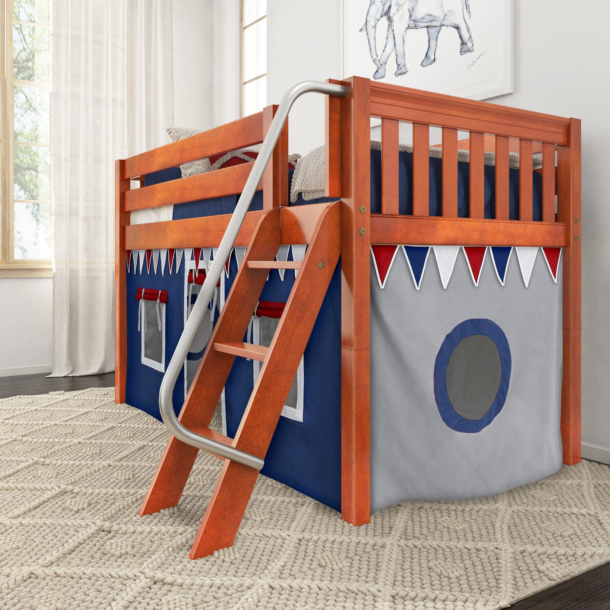 EASY RIDER44 CS : Play Loft Beds Twin Low Loft Bed with Angled Ladder + Curtain, Slat, Chestnut