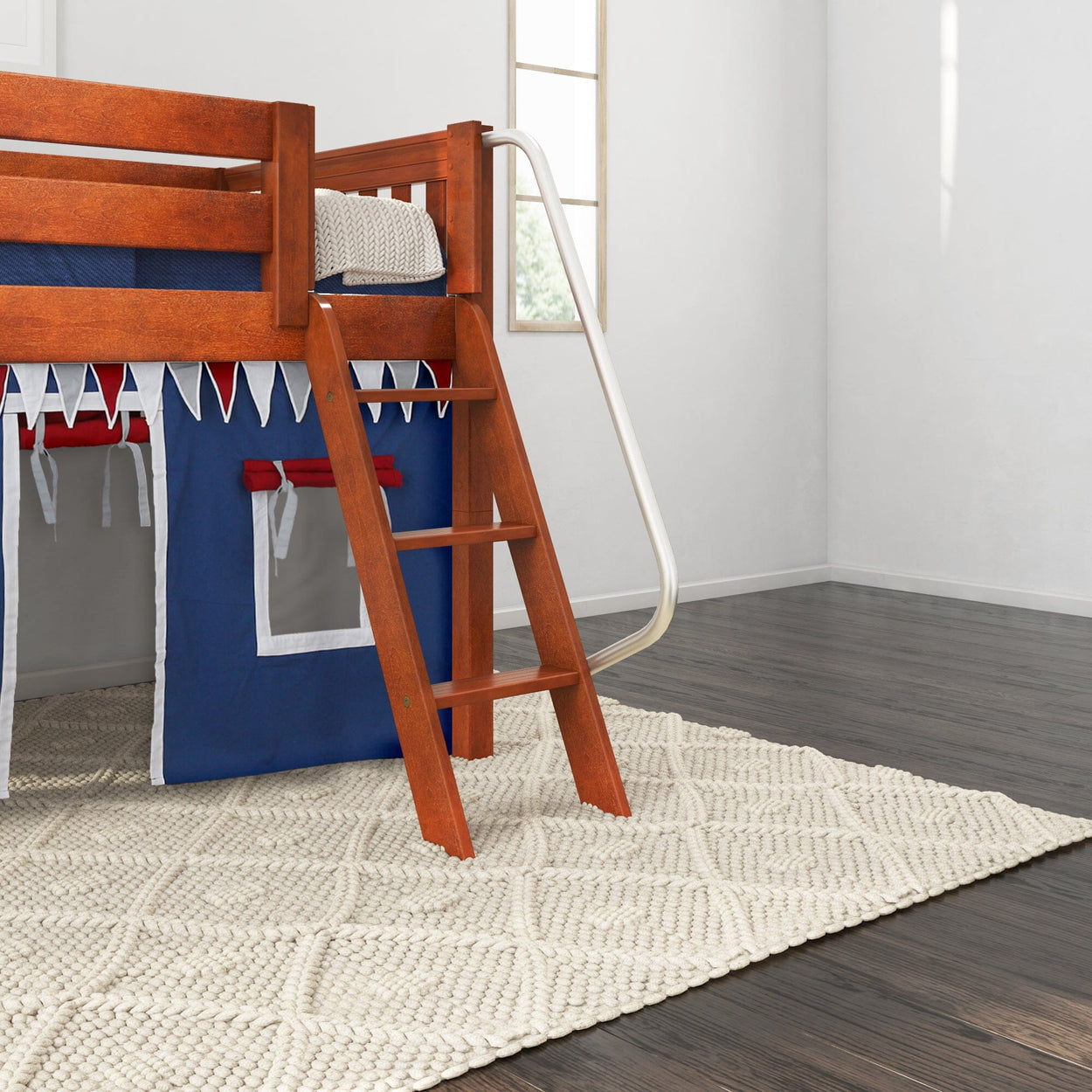 EASY RIDER44 CS : Play Loft Beds Twin Low Loft Bed with Angled Ladder + Curtain, Slat, Chestnut