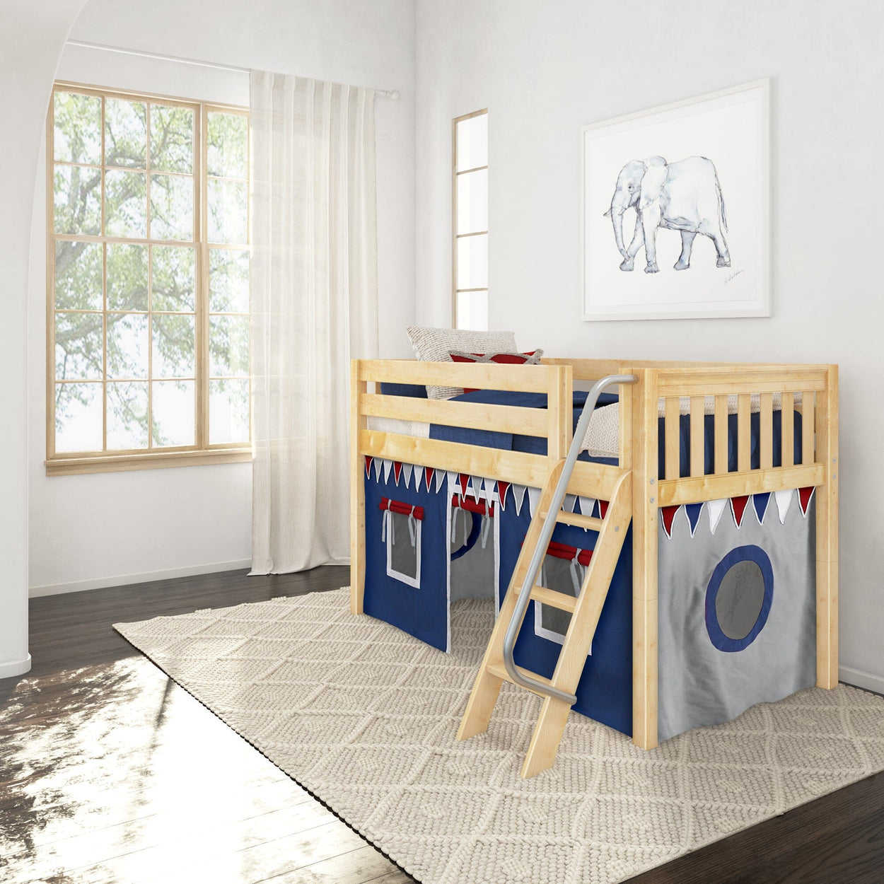 EASY RIDER44 NS : Play Loft Beds Twin Low Loft Bed with Angled Ladder + Curtain, Slat, Natural