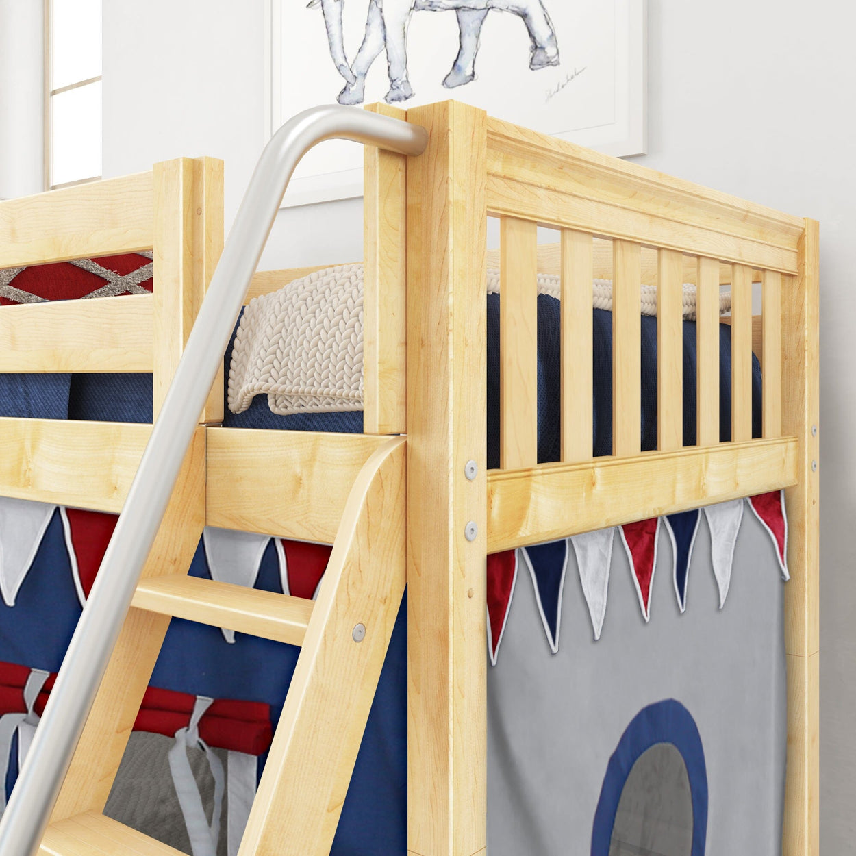 EASY RIDER44 NS : Loft Bed Twin Low Loft Bed with Angled Ladder + Curtain, Slat, Natural