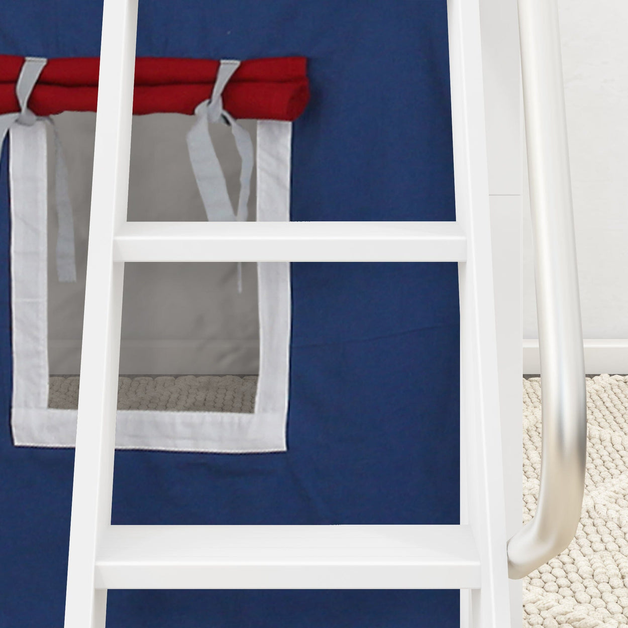 EASY RIDER44 WS : Loft Bed Twin Low Loft Bed with Angled Ladder + Curtain, Slat, White