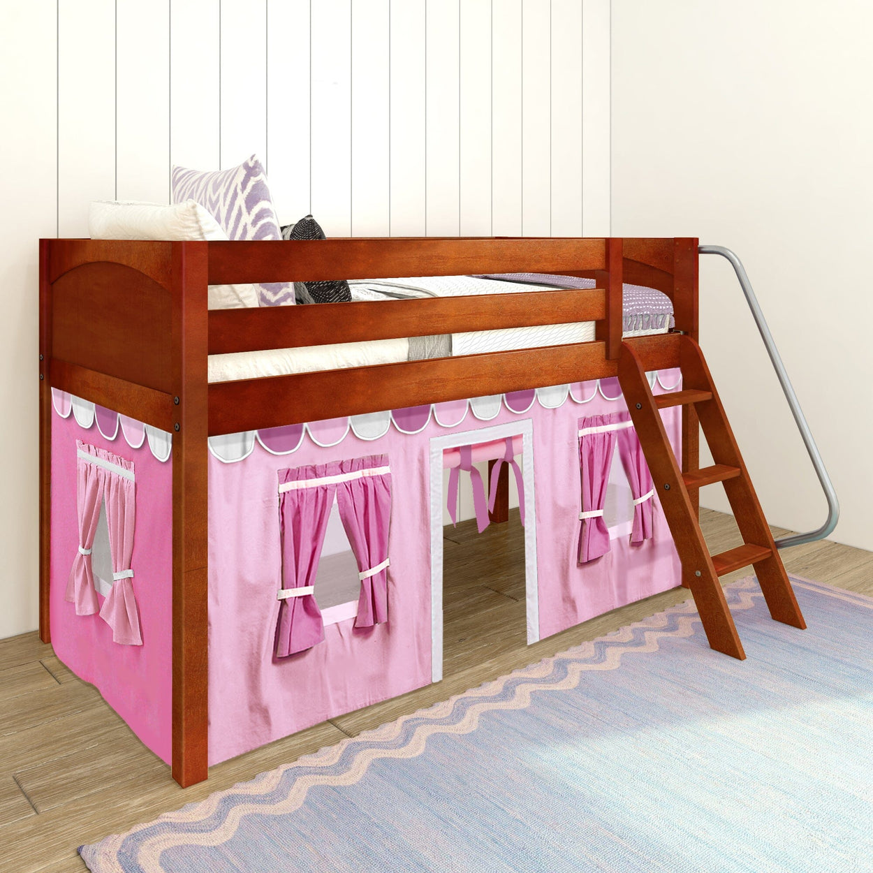 EASY RIDER64 CP : Loft Bed Twin Low Loft Bed with Angled Ladder + Curtain, Panel, Chestnut