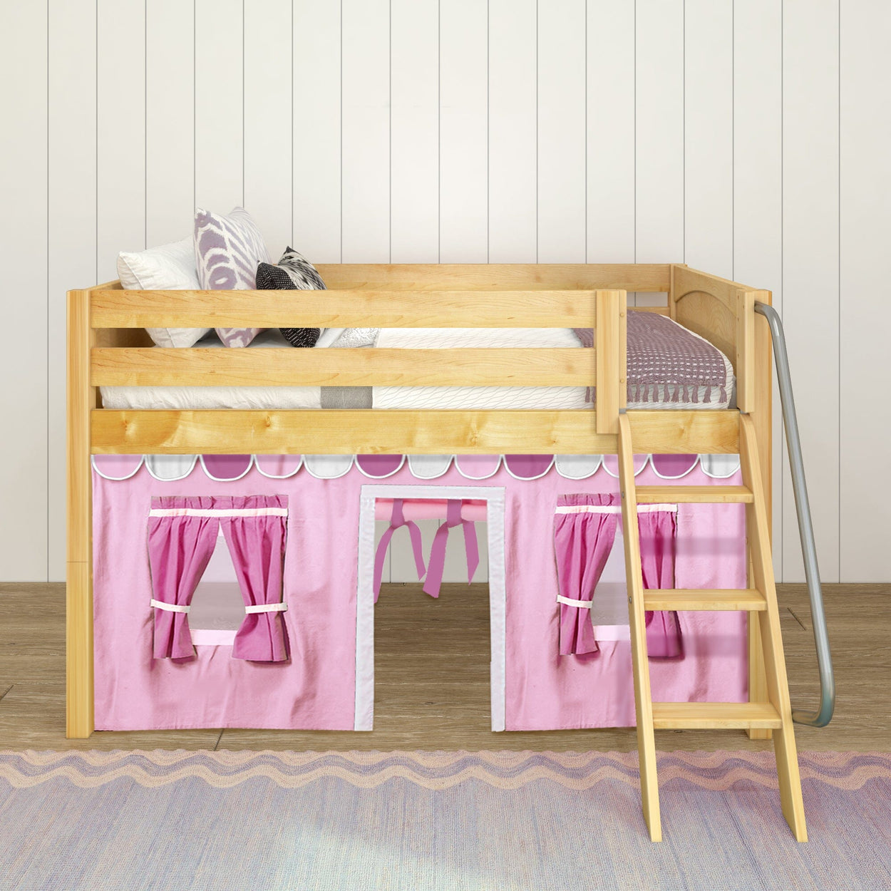 EASY RIDER64 NP : Loft Bed Twin Low Loft Bed with Angled Ladder + Curtain, Panel, Natural