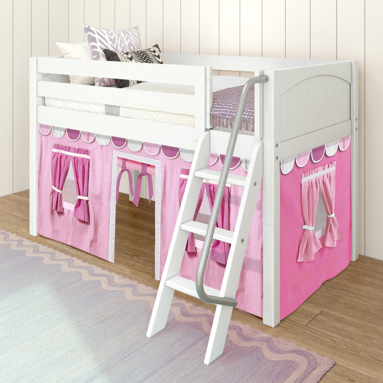 EASY RIDER64 WP : Play Loft Beds Twin Low Loft Bed with Angled Ladder + Curtain, Panel, White