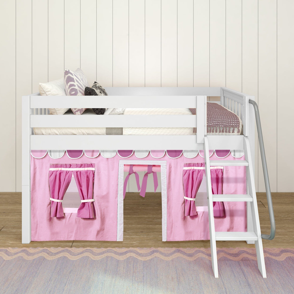 EASY RIDER64 WS : Loft Bed Twin Low Loft Bed with Angled Ladder + Curtain, Slat, White