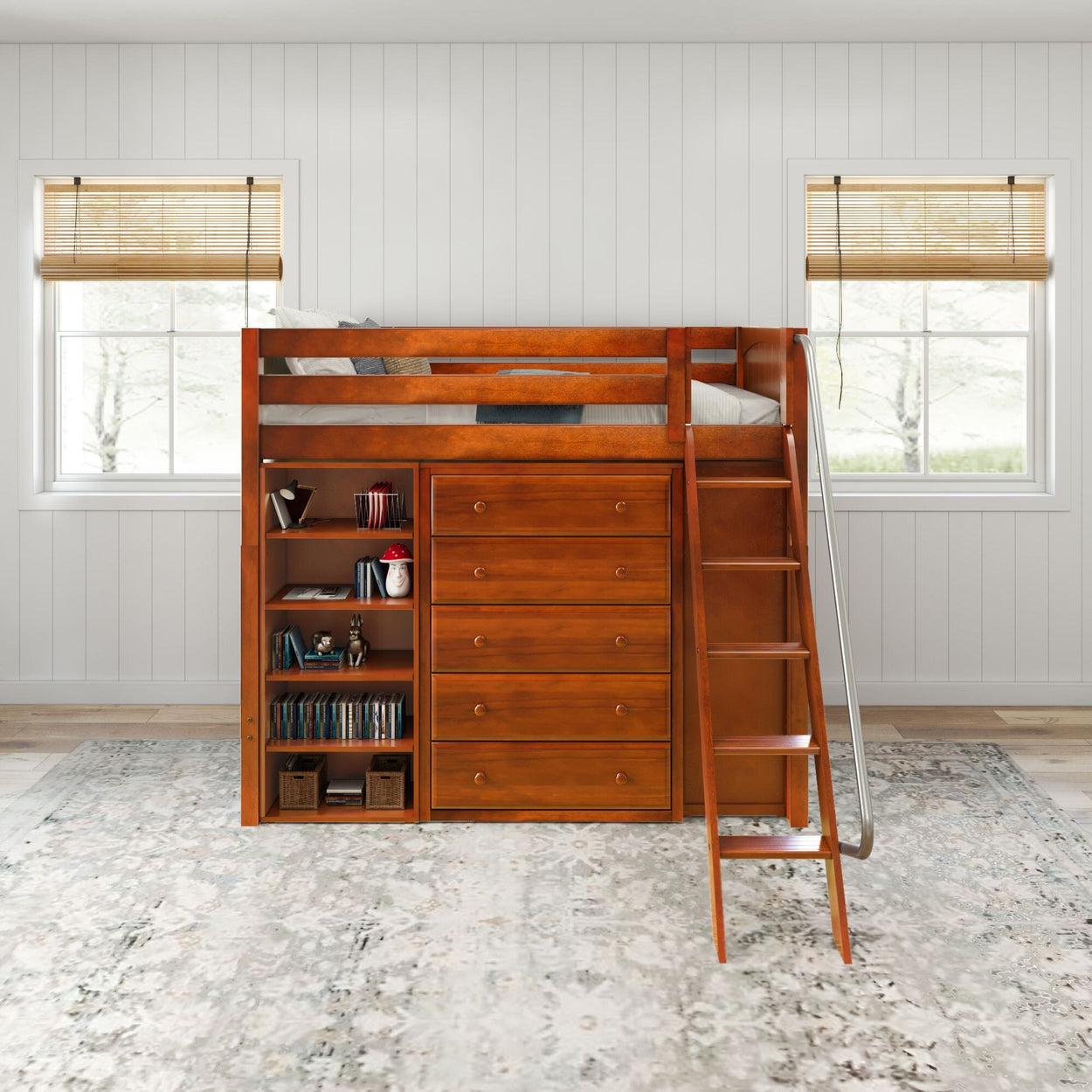 EMPEROR3 CP : Storage & Study Loft Beds Twin High Loft w/ angled ladder, 2x5 drawer dresser, 37.5" High Bookcase, Panel, Chestnut