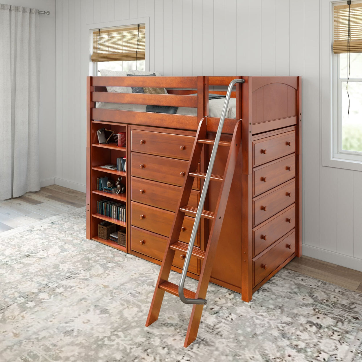 EMPEROR3 CP : Study Loft Beds Twin High Loft w/ angled ladder, 2x5 drawer dresser, 37.5" High Bookcase, Panel, Chestnut