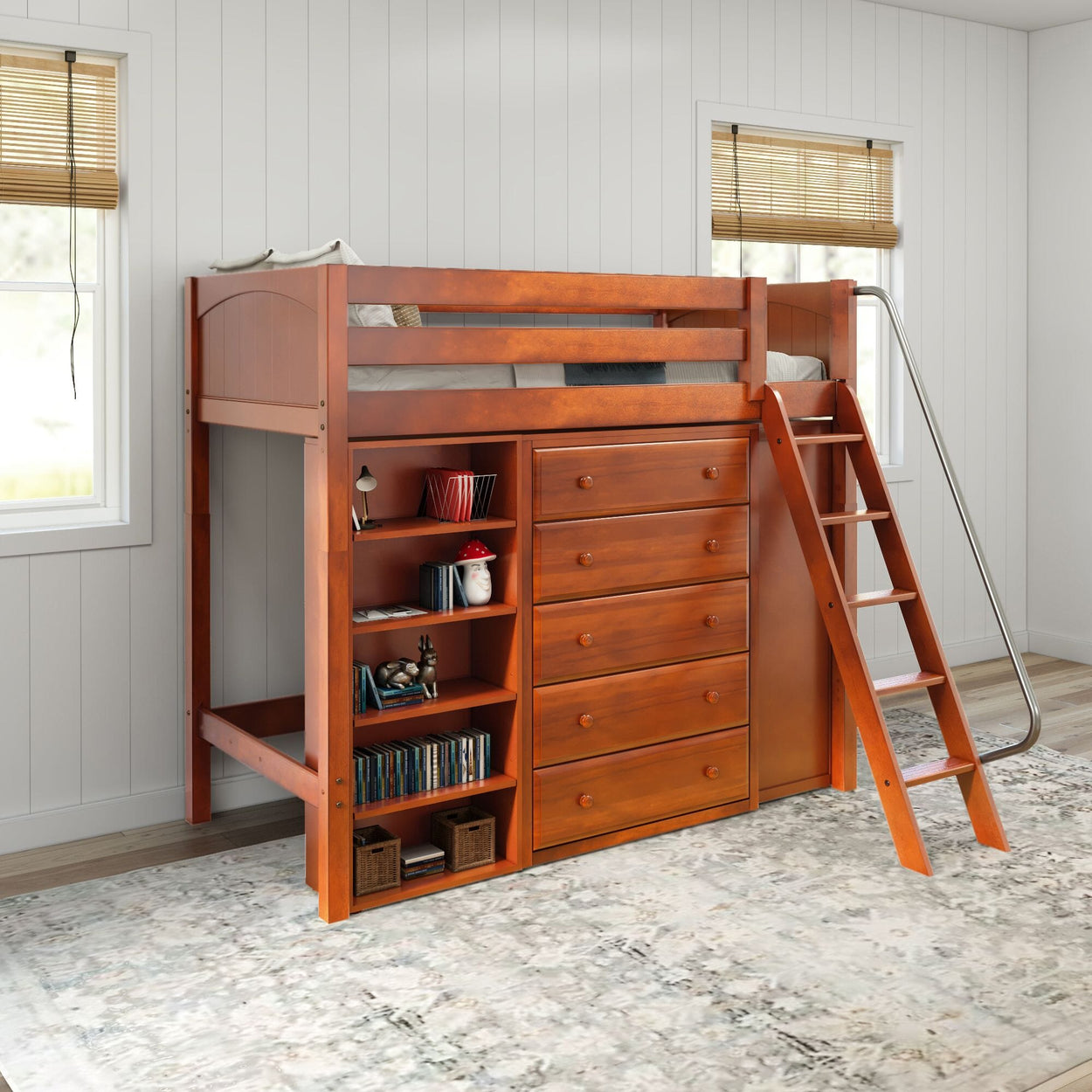 EMPEROR3 CP : Study Loft Beds Twin High Loft w/ angled ladder, 2x5 drawer dresser, 37.5" High Bookcase, Panel, Chestnut