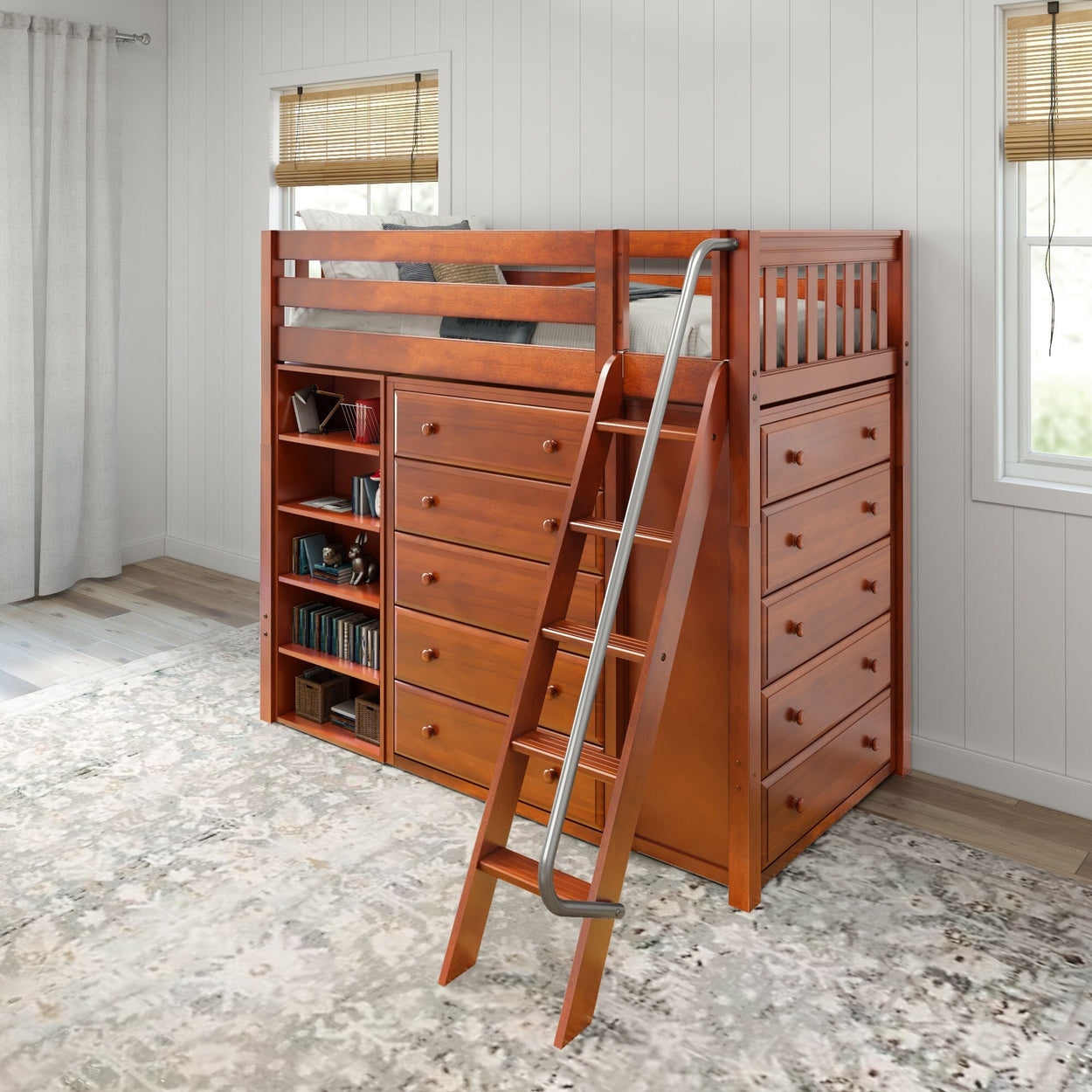 EMPEROR3 CS : Study Loft Beds Twin High Loft w/ angled ladder, 2x5 drawer dresser, 37.5" High Bookcase, Slat, Chestnut