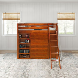 EMPEROR3 CS : Study Loft Beds Twin High Loft w/ angled ladder, 2x5 drawer dresser, 37.5" High Bookcase, Slat, Chestnut