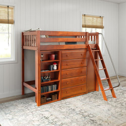 EMPEROR3 CS : Study Loft Beds Twin High Loft w/ angled ladder, 2x5 drawer dresser, 37.5" High Bookcase, Slat, Chestnut