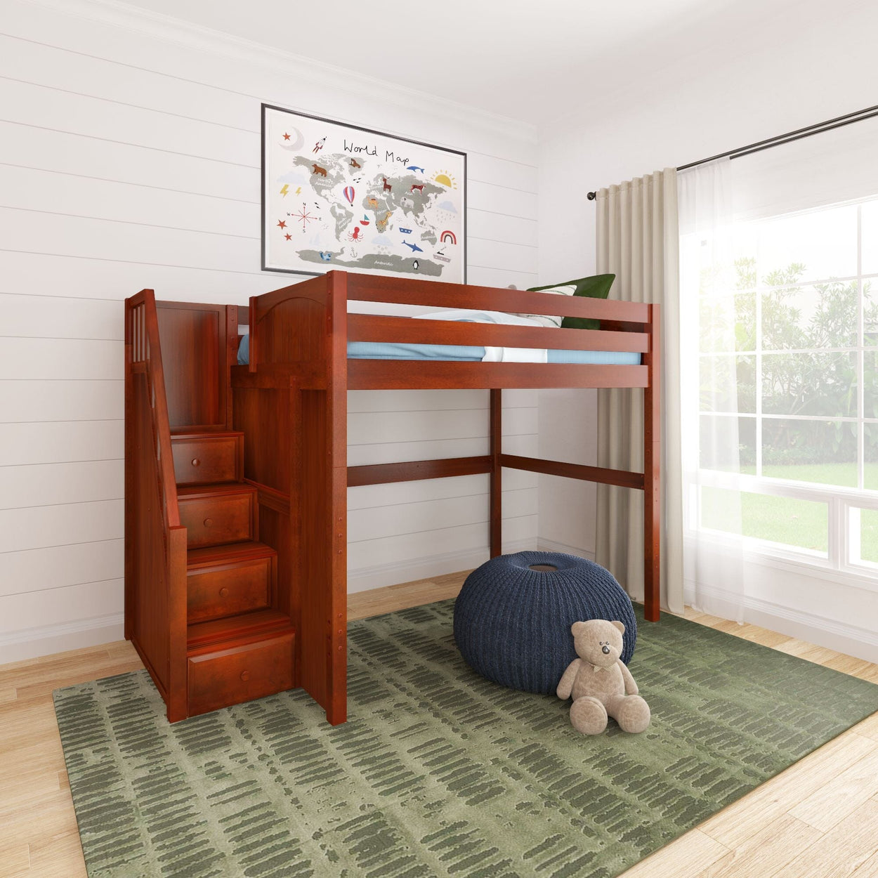 ENORMOUS CP : Loft Bed Full High Loft Bed with Stairs, Panel, Chestnut