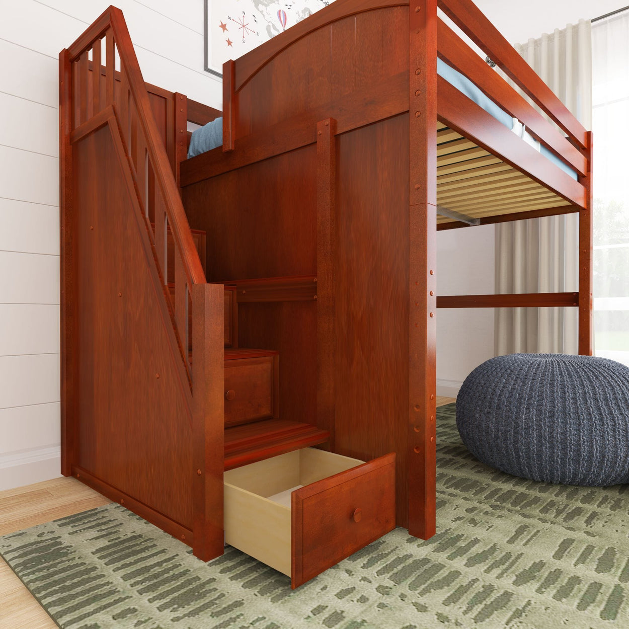 ENORMOUS CP : Standard Loft Beds Full High Loft Bed with Stairs, Panel, Chestnut