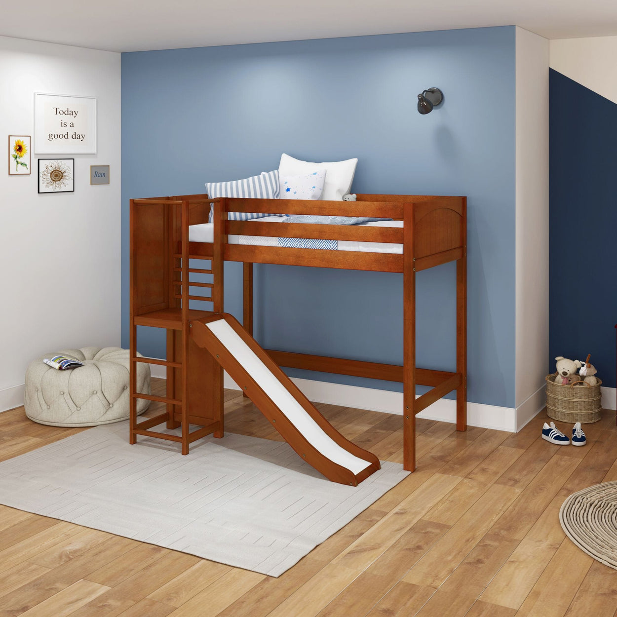 FILIHANKAT XL CP : Play Loft Beds Twin XL High Loft Bed with Slide Platform, Panel, Chestnut