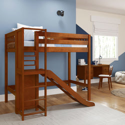 FILIHANKAT XL CS : Play Loft Beds Twin XL High Loft Bed with Slide Platform, Slat, Chestnut