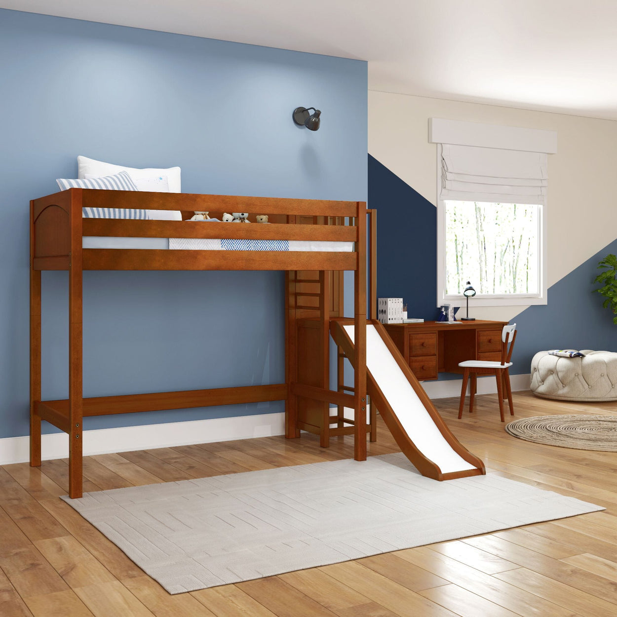 FILIOCUS XL CP : Play Loft Beds Twin XL High Loft Bed with Slide Platform, Panel, Chestnut