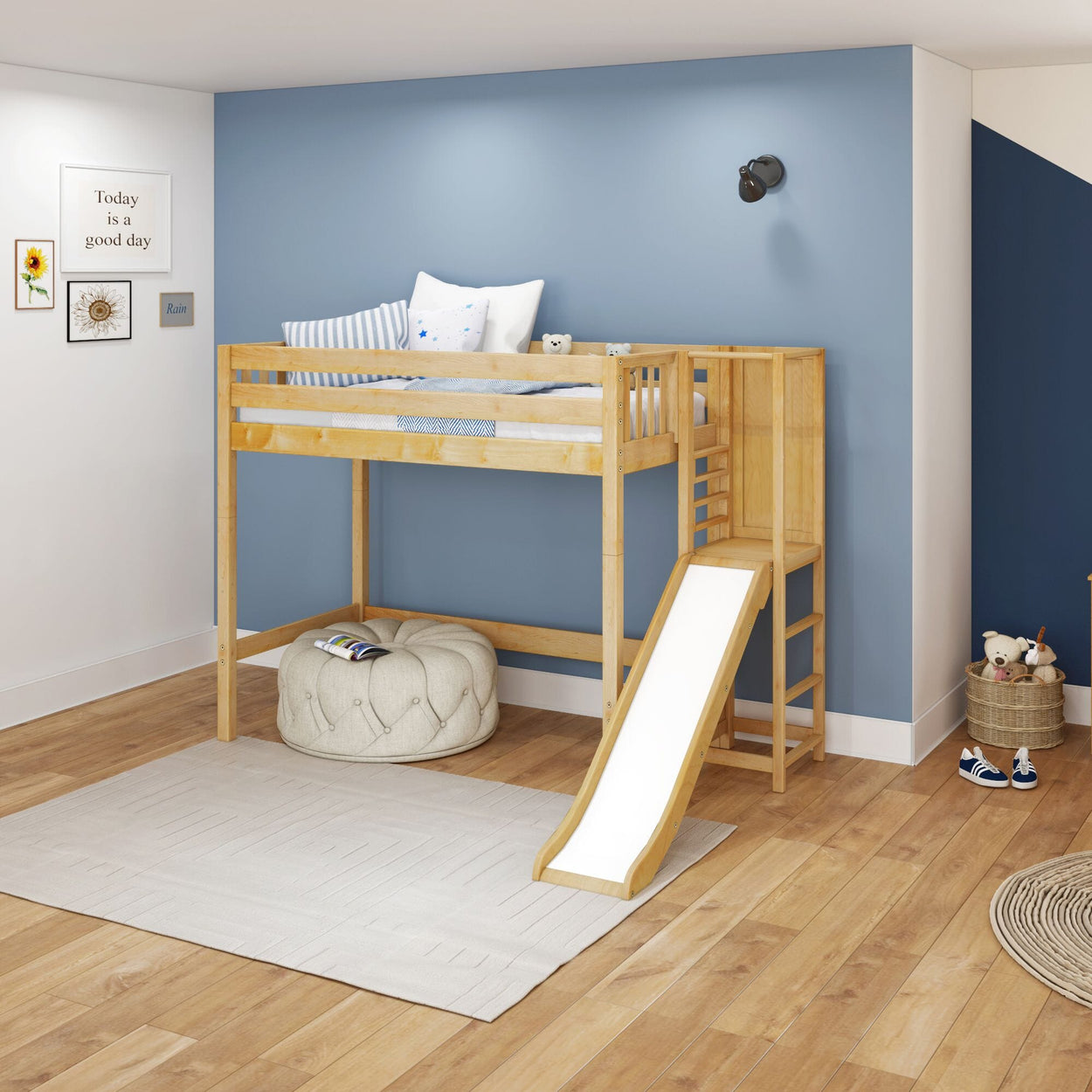 FILIOCUS XL NS : Play Loft Beds Twin XL High Loft Bed with Slide Platform, Slat, Natural