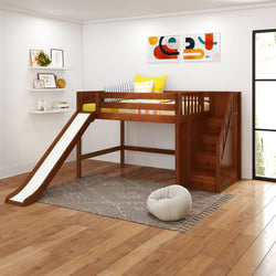 FINE CP : Loft Bed Full Mid Loft Bed with Stairs + Slide, Panel, Chestnut