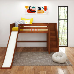 FINE CP : Loft Bed Full Mid Loft Bed with Stairs + Slide, Panel, Chestnut