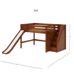 FINE CP : Loft Bed Full Mid Loft Bed with Stairs + Slide, Panel, Chestnut