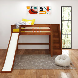 FINE CS : Loft Bed Full Mid Loft Bed with Stairs + Slide, Slat, Chestnut