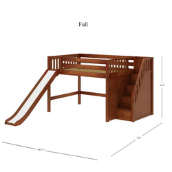 FINE CS : Loft Bed Full Mid Loft Bed with Stairs + Slide, Slat, Chestnut