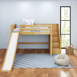 FINE NP : Play Loft Beds Full Mid Loft Bed with Stairs + Slide, Panel, Natural