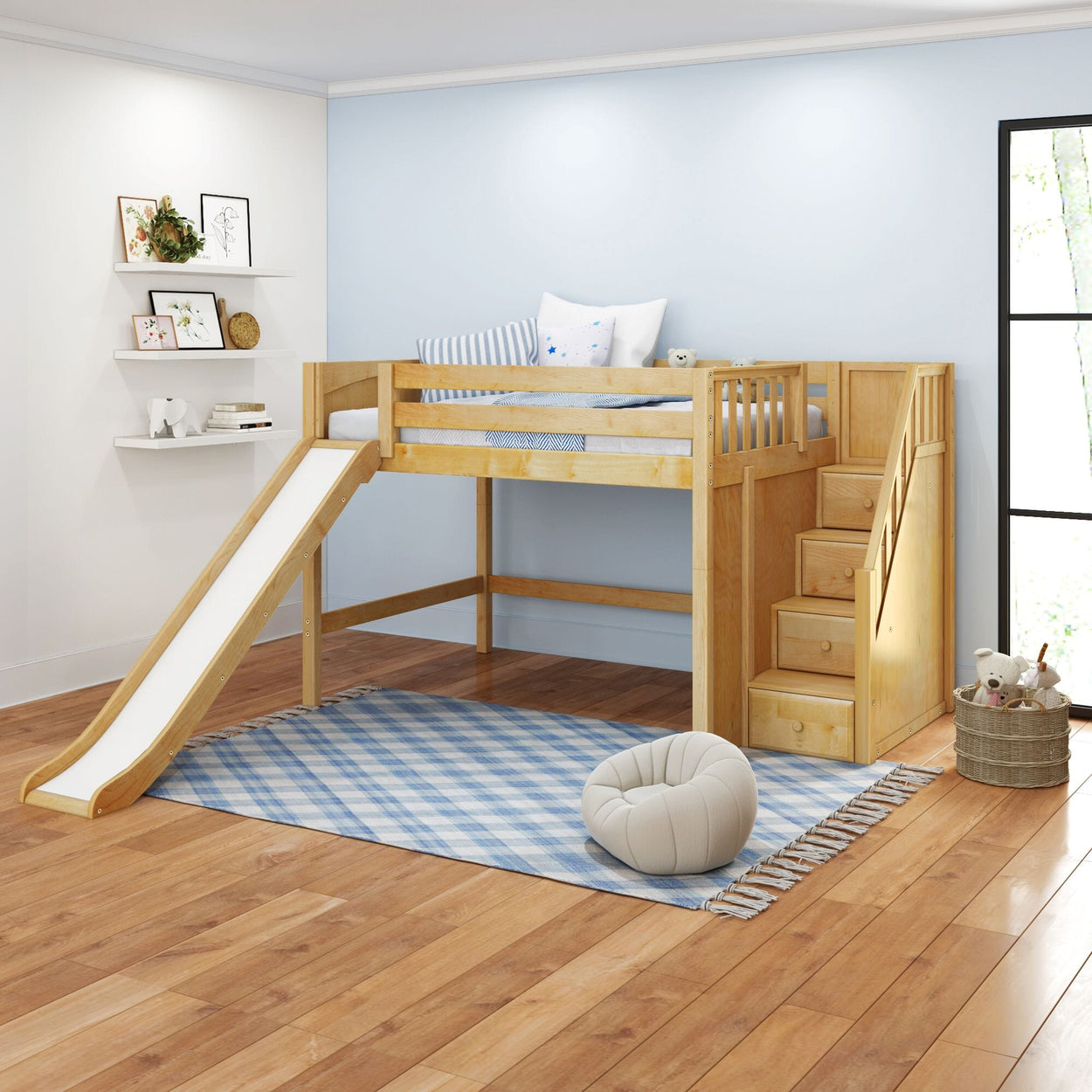 FINE NP : Loft Bed Full Mid Loft Bed with Stairs + Slide, Panel, Natural