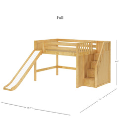 FINE NP : Loft Bed Full Mid Loft Bed with Stairs + Slide, Panel, Natural