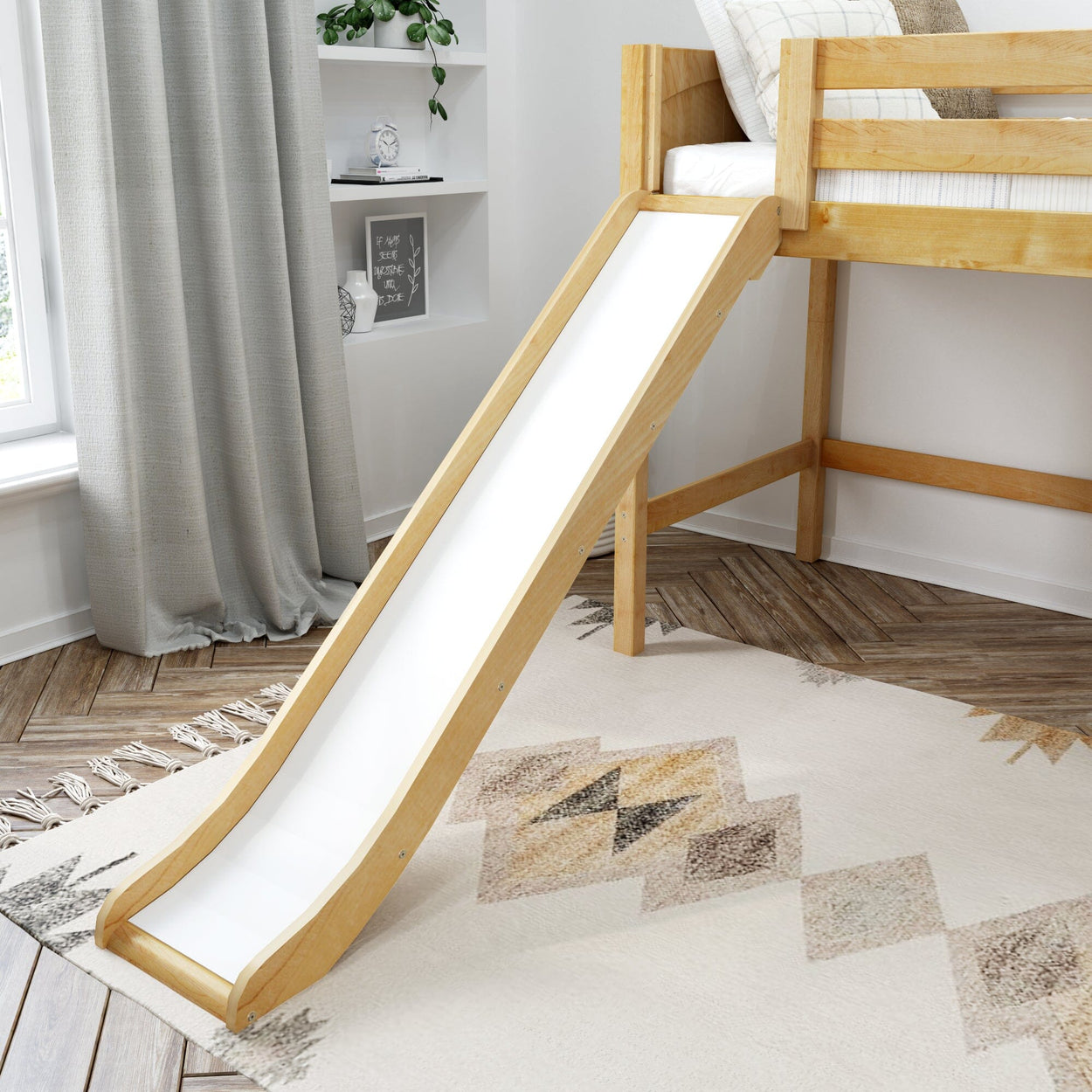 FINE NP : Loft Bed Full Mid Loft Bed with Stairs + Slide, Panel, Natural