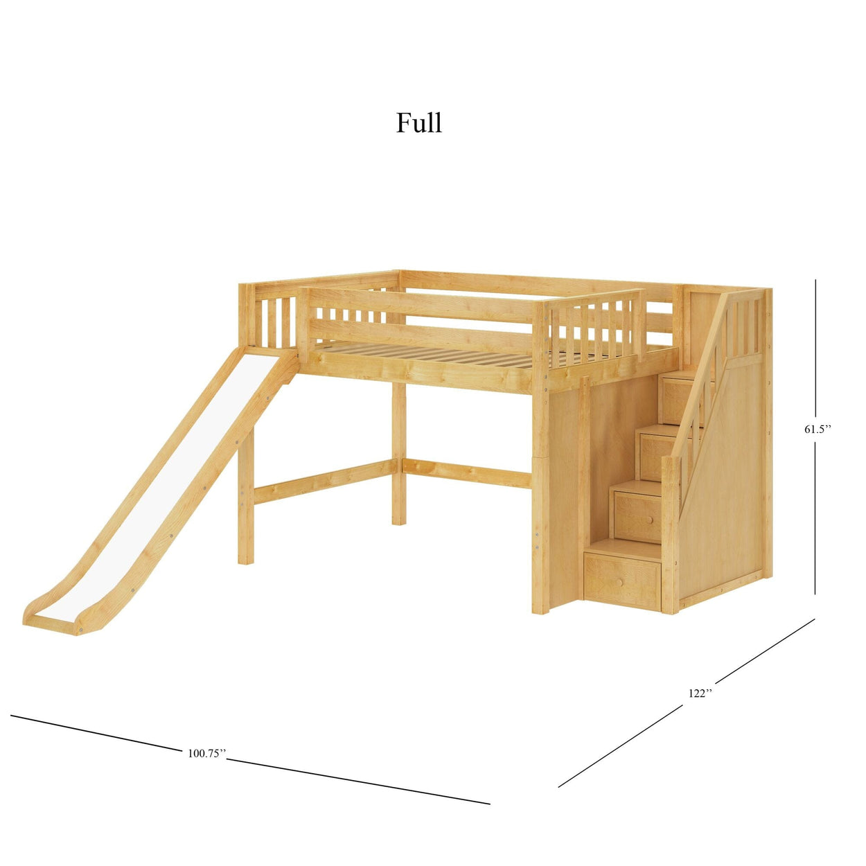 FINE NS : Loft Bed Full Mid Loft Bed with Stairs + Slide, Slat, Natural