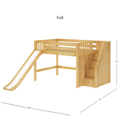 FINE NS : Loft Bed Full Mid Loft Bed with Stairs + Slide, Slat, Natural