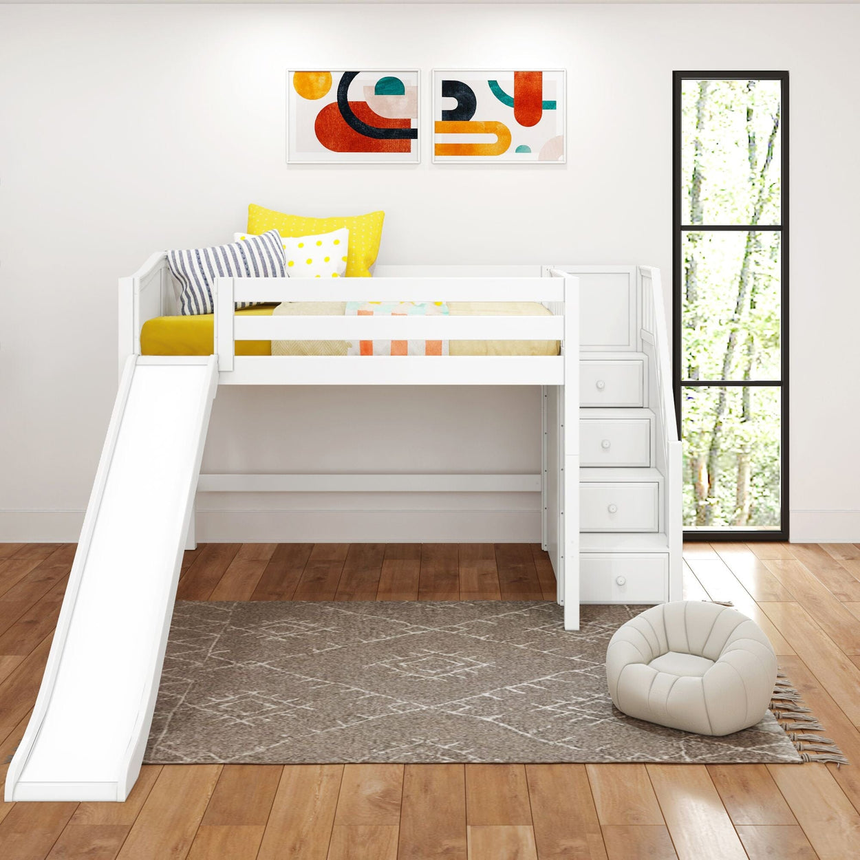 FINE WC : Play Loft Beds Full Mid Loft Bed with Stairs + Slide, Curved, White