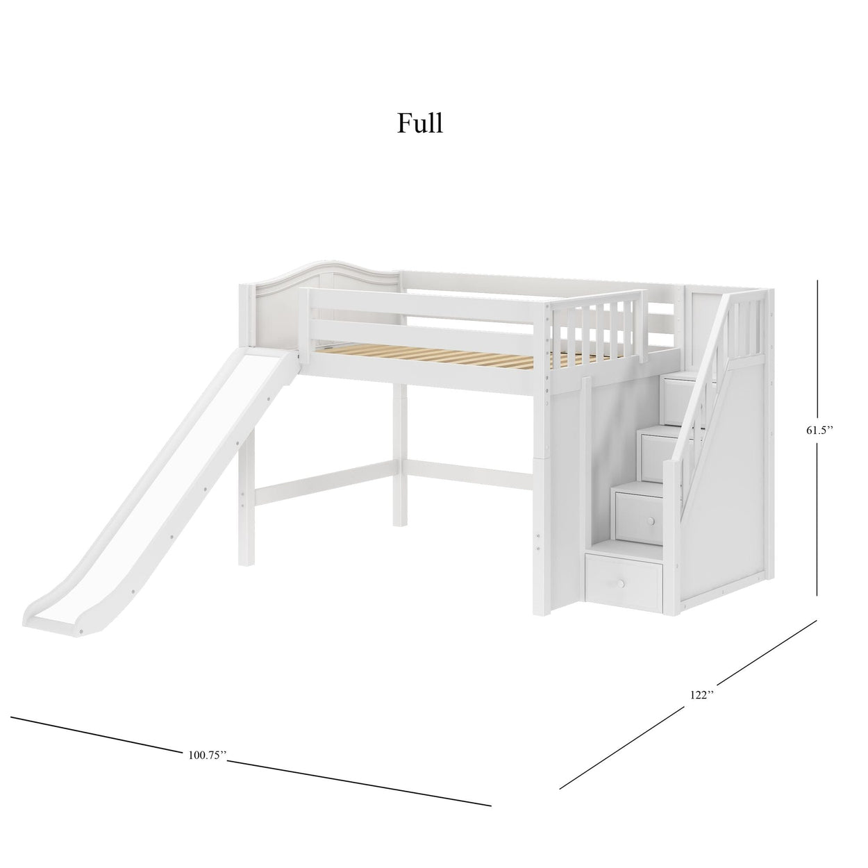 FINE WC : Loft Bed Full Mid Loft Bed with Stairs + Slide, Curved, White