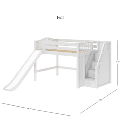 FINE WC : Loft Bed Full Mid Loft Bed with Stairs + Slide, Curved, White