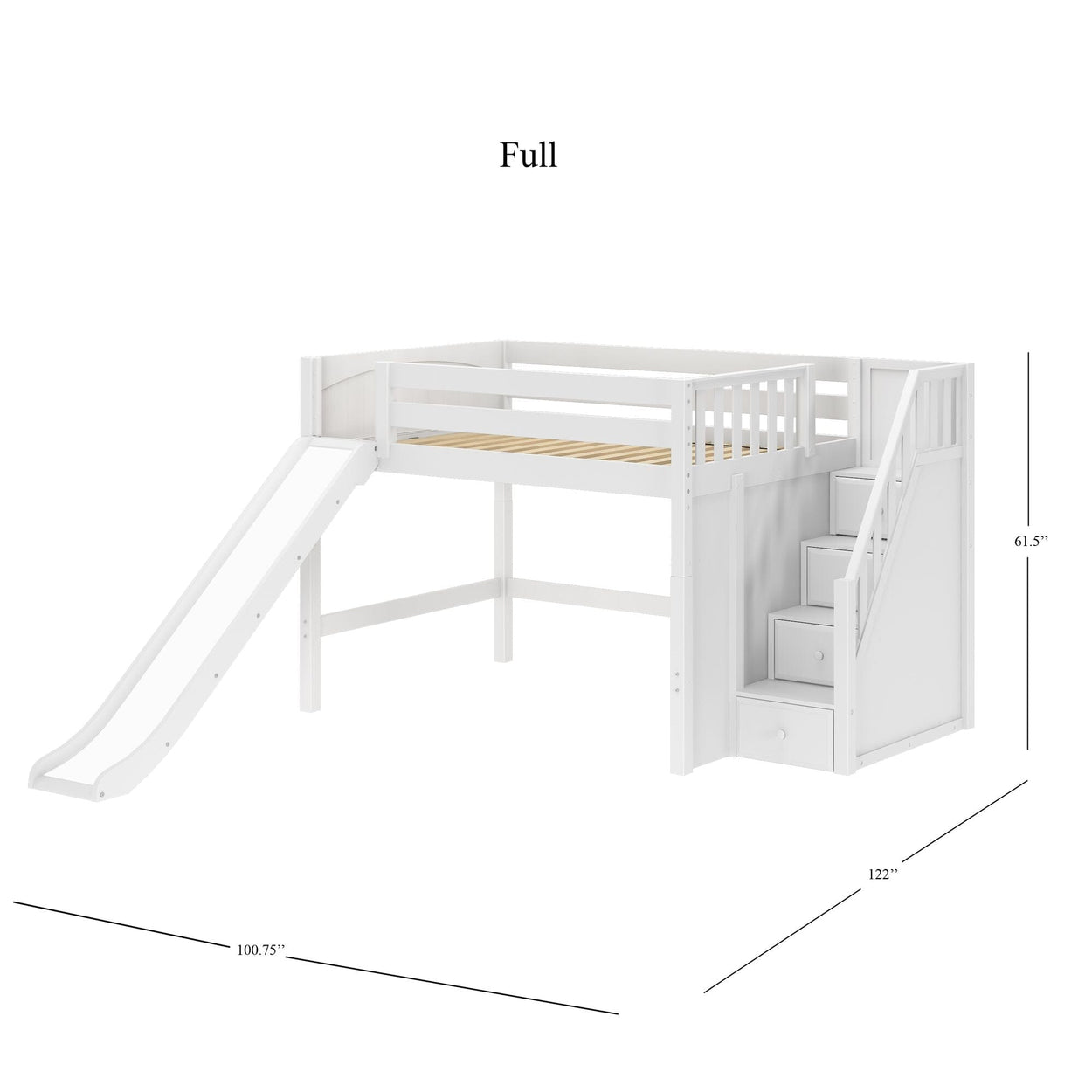 FINE WP : Play Loft Beds Full Mid Loft Bed with Stairs + Slide, Panel, White