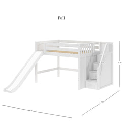 FINE WP : Loft Bed Full Mid Loft Bed with Stairs + Slide, Panel, White