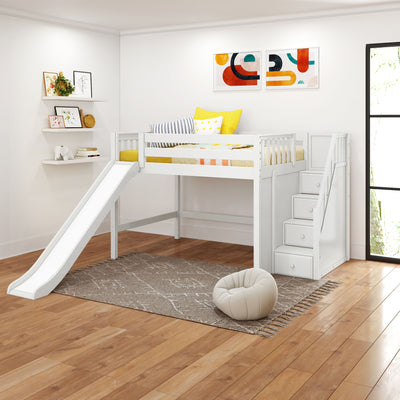 FINE WS : Loft Bed Full Mid Loft Bed with Stairs + Slide, Slat, White