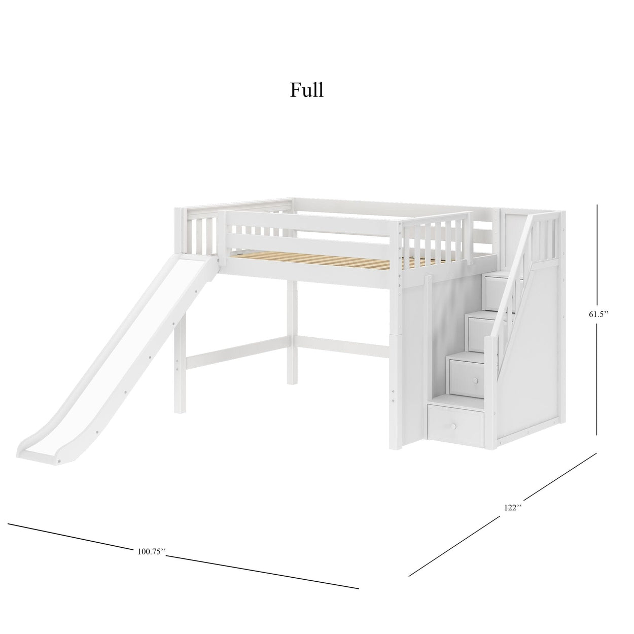 FINE WS : Play Loft Beds Full Mid Loft Bed with Stairs + Slide, Slat, White