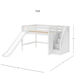 FINE WS : Loft Bed Full Mid Loft Bed with Stairs + Slide, Slat, White