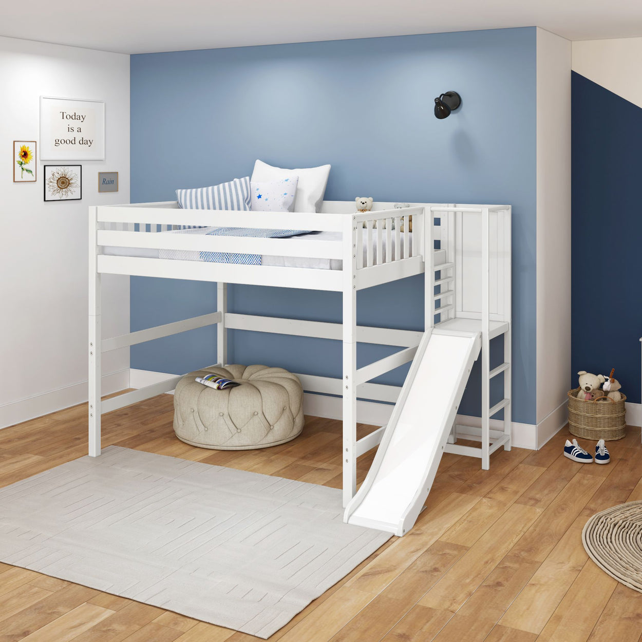 FLUTE XL WS : Play Loft Beds Queen High Loft Bed with Slide Platform, Slat, White