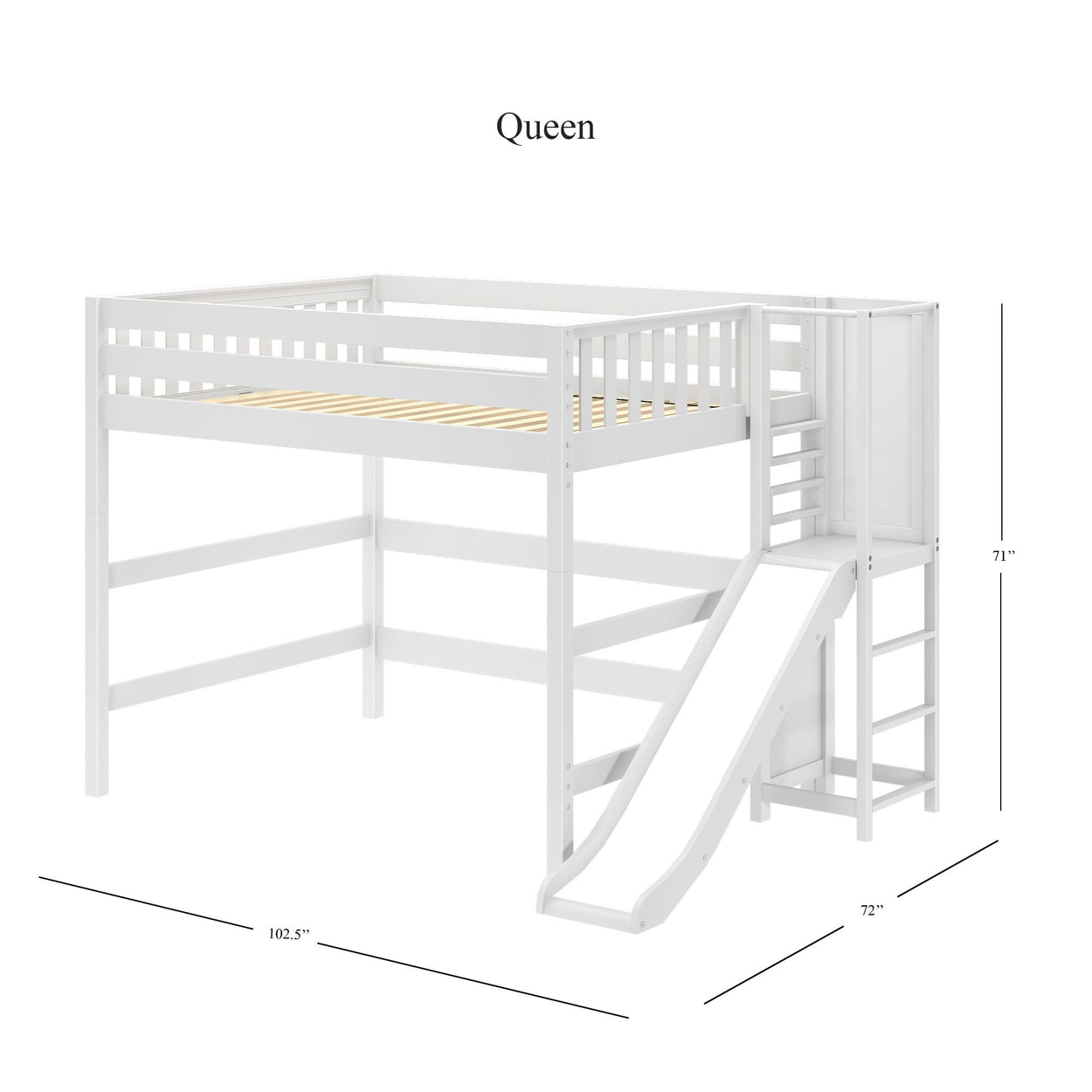 FLUTE XL WS : Play Loft Beds Queen High Loft Bed with Slide Platform, Slat, White