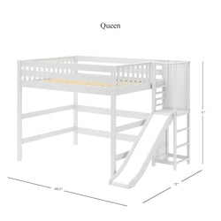 FLUTE XL WS : Play Loft Beds Queen High Loft Bed with Slide Platform, Slat, White