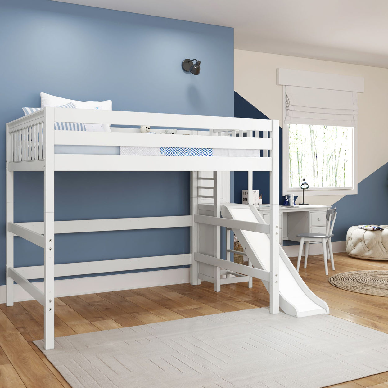 FLUTE XL WS : Play Loft Beds Queen High Loft Bed with Slide Platform, Slat, White