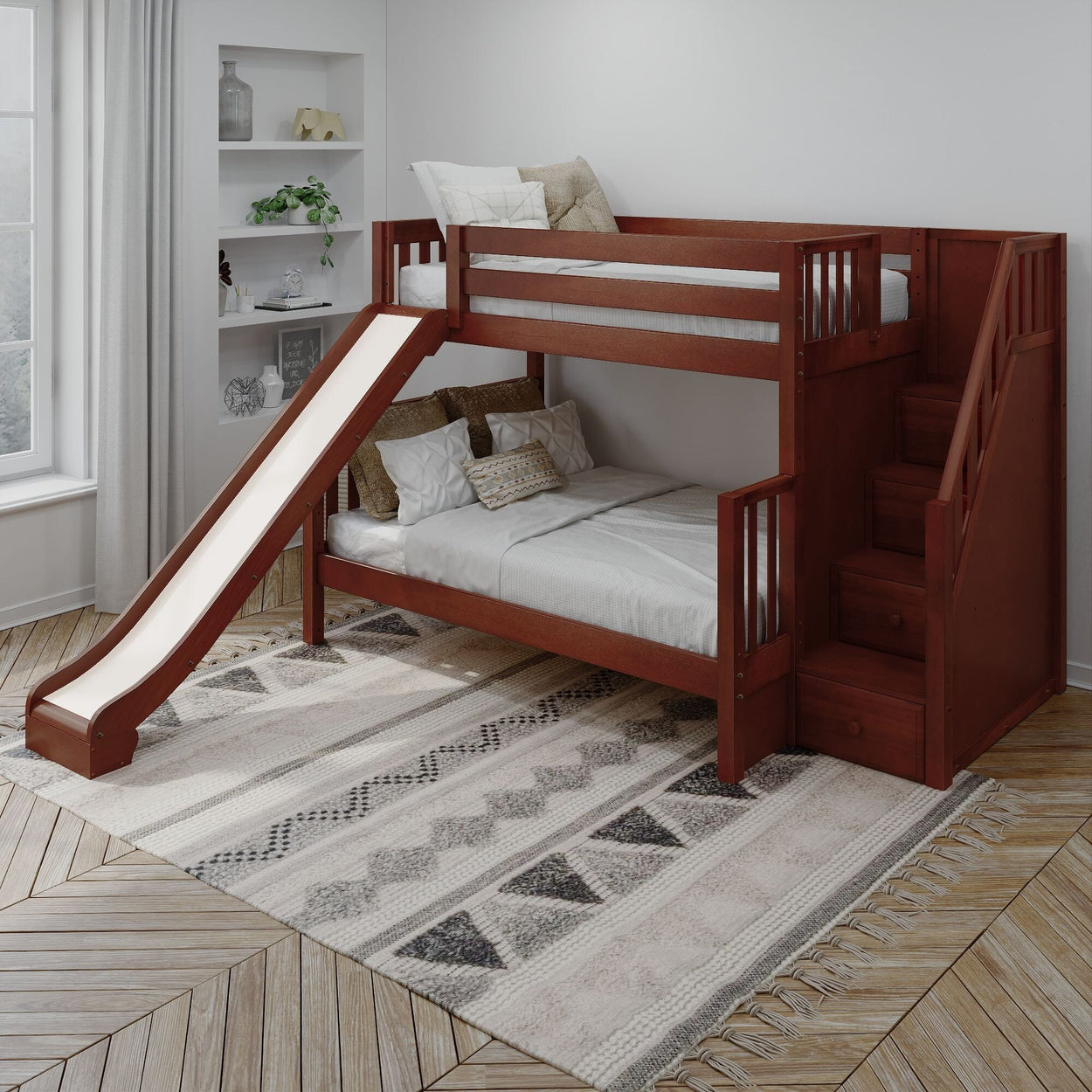 FOXTROT CS : Bunk Bed Medium Twin over Full Bunk Bed with Stairs + Slide, Slat, Chestnut