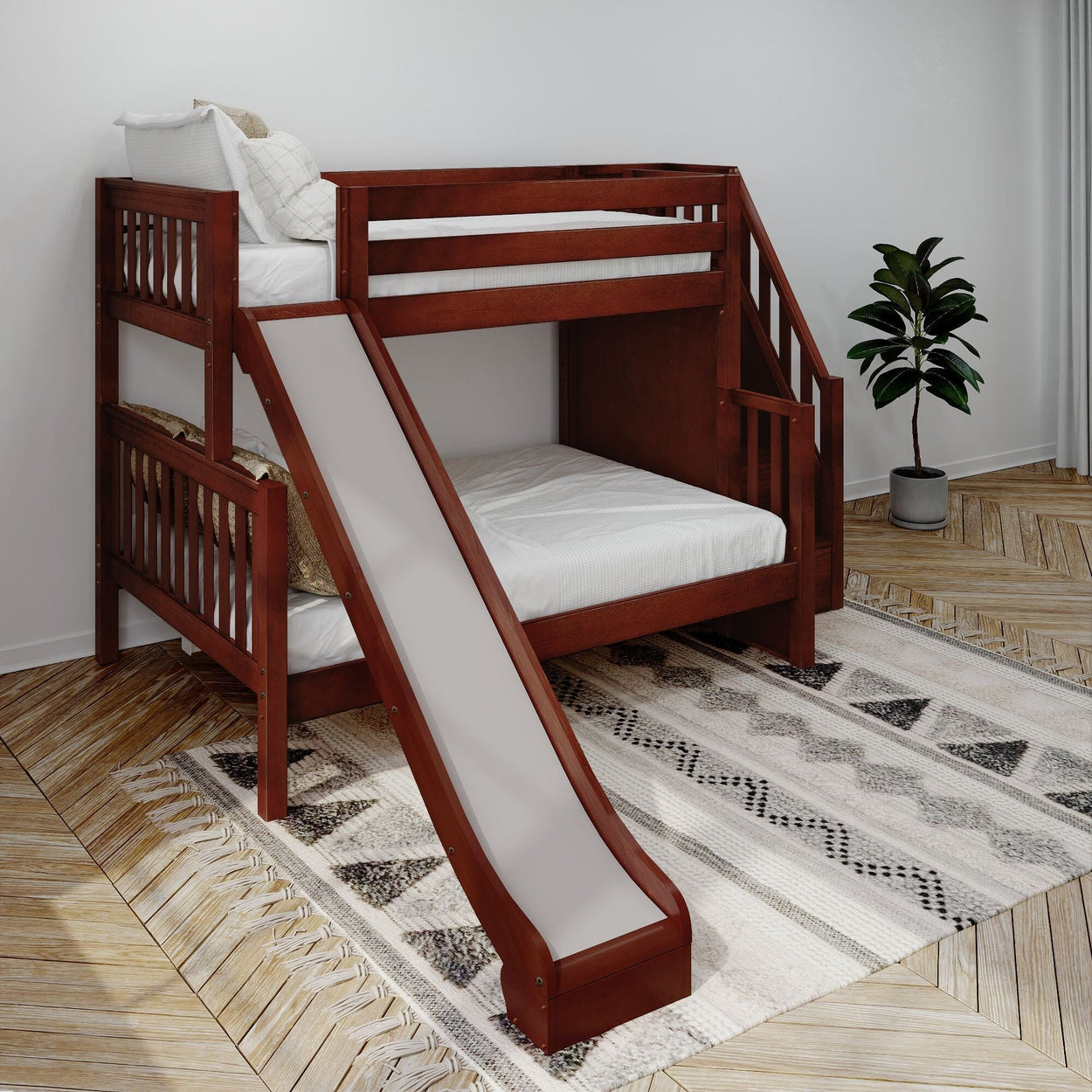 FOXTROT CS : Bunk Bed Medium Twin over Full Bunk Bed with Stairs + Slide, Slat, Chestnut