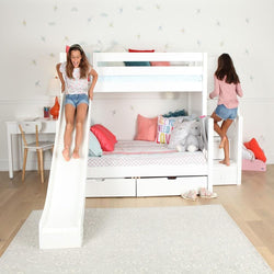 FOXTROT WS : Play Bunk Beds Medium Twin over Full Bunk Bed with Stairs + Slide, Slat, White