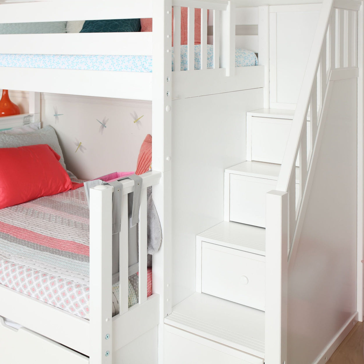 FOXTROT WS : Play Bunk Beds Medium Twin over Full Bunk Bed with Stairs + Slide, Slat, White